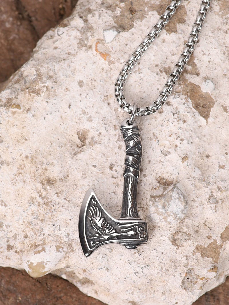 HAQUIL Viking Battle Axe Necklace, Stainless Steel Wolf Raven Axe Amulet Pendant, Box Chain, Viking Jewelry Gift - Image 4